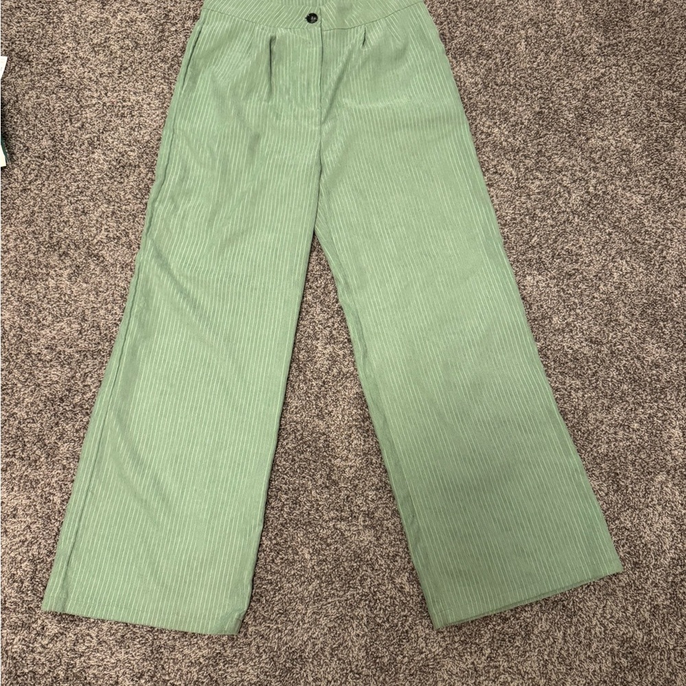 SHEIN Green Pinstripe High-Waisted Straight-Leg Trousers